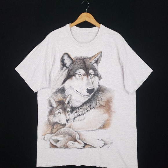 Vintage 90s Wolf Cubs Wolves Husky Mother Single Stitch Nature Animal T-shirt - Picture 1 of 12